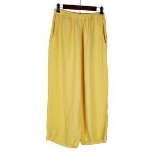FLAX 100% Linen Pull On Cropped Pants Size S Yellow Lagenlook 23" Inseam Loose
